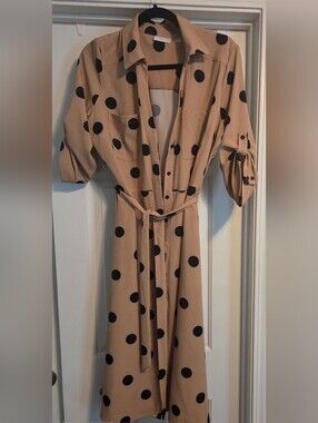 Beige Polka Dot Shirt Dress with Belt